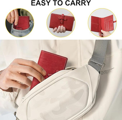 Leather Passport Holder for Travel Women Men, RFID Blocking Card Slot, Top-Grain leather with Magic Buckle, Boarding Pass Pocket,Retro Passport Wallet,Red