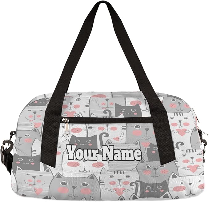 Custom Your Name Lovely Grey Cats Heart Personalized Text Gym Duffle Bag for Kids,Sports Bag for Teens Boys & Girls Small Waterproof Overnight Weekender Carry Practice Travel Bag