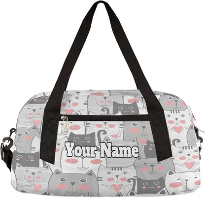 Custom Your Name Lovely Grey Cats Heart Personalized Text Gym Duffle Bag for Kids,Sports Bag for Teens Boys & Girls Small Waterproof Overnight Weekender Carry Practice Travel Bag