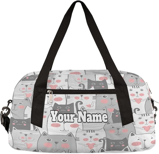 Custom Your Name Lovely Grey Cats Heart Personalized Text Gym Duffle Bag for Kids,Sports Bag for Teens Boys & Girls Small Waterproof Overnight Weekender Carry Practice Travel Bag