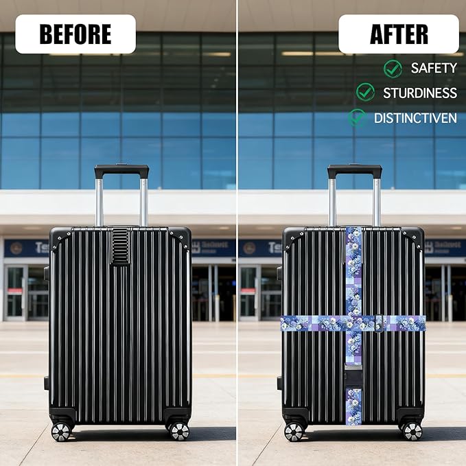 Nuxovilar Luggage Straps of 2 Set Blue & Purple Flowers Pattern, 1.96x90.5 inches - Luggage Straps for Suitcases, Nice for Travel, Weekend Trips, Vacations