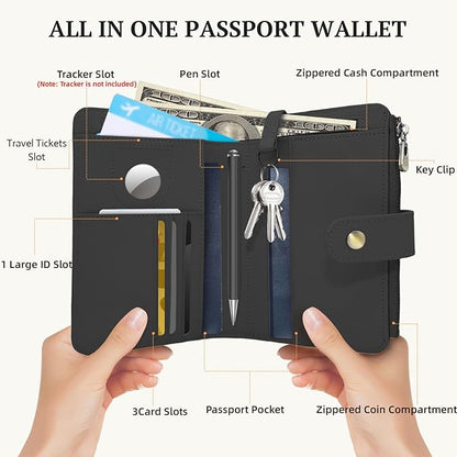 Full Grain Leather Passport Wallet, RFID Blocking Passport Holder with Tracker Slot, Multi Compartment Travel Wallet for Women & Men, Secure Passport Cover Case for Airport Essentials (Black)