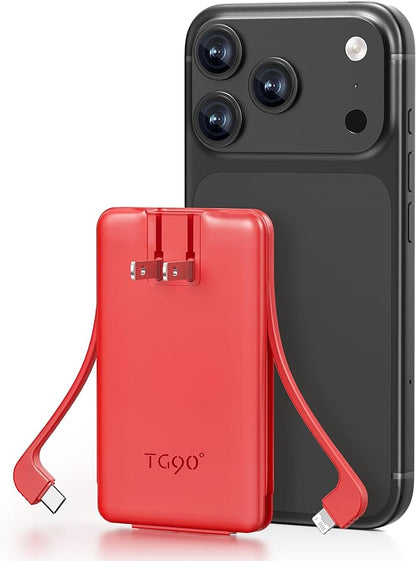 TG90° 5000mAh Mini Power Bank Built-in AC Wall Plug and Cables, Pocket Size USB C Portable Charger, External Battery Pack Compatible with iPhone 17 16 15 14 13 12 11 Samsung S22 S21 Google iPad