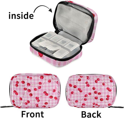Pink Juicy Checkered Cherry Travel Pill Organizer Case Box Container Weekly Portable Vitamin Medicine Holder Storage Bag with Zipper Removable