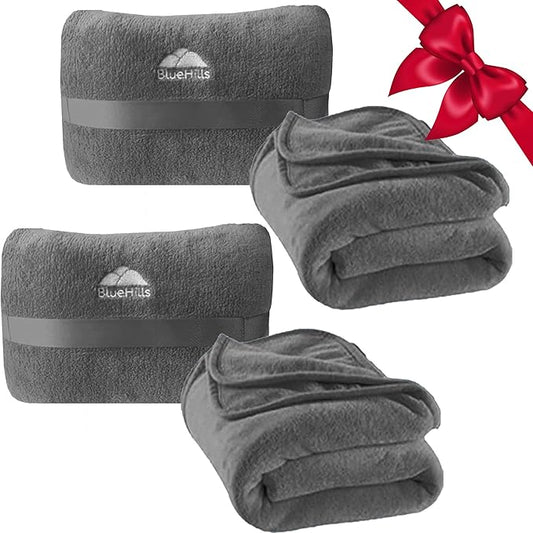 BlueHills Premium 2 Pack Travel Blanket Pillow in Mini Soft Case Plush Airplane Blanket in Bag Compact Luggage Belt Plane Pillows Gifts Long Flight Blankets Essentials Gray M21