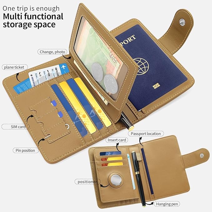Passport Holder Wallet Bag with AirTag Holder, Card Slots and Passport Solt Ticket Cash Solt, Photo Solt Sim Card Pen Slot.Apricot