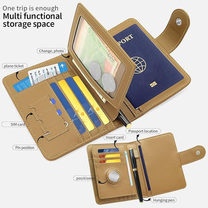 Passport Holder Wallet Bag with AirTag Holder, Card Slots and Passport Solt Ticket Cash Solt, Photo Solt Sim Card Pen Slot.Apricot