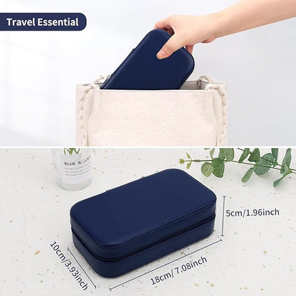 DesignSter Travel Jewelry Box, PU Leather Portable Jewelry Case, Small Jewelry Boxes for Gifts, Travel Jewelry Organizer for Women Rings Earrings Necklaces Bracelets (Dark Blue)
