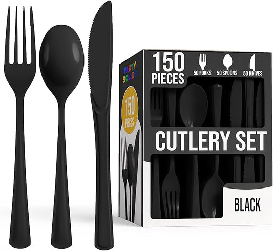 Party Solids Black Plastic Silverware Heavy Duty 150 Pieces Black Disposable Silverware Heavy Duty, Utensil Sets, 50 Of Each Forks, Knives & Spoons Disposable Cutlery Set For Party Supplies
