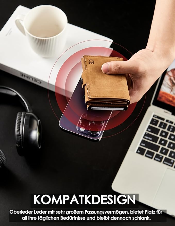 Mens Wallet Card Holder for AirTag, Leather Smart Wallet for Men, Airtag Wallet Pop Up Wallet, RFID Blocking, Slim, Minimalist, Large Capacity - 14-18 Card Capacity | ID Window | Cash Slot （Brown）