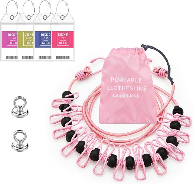 Magnetic Retractable Clothes Line for Cabin - Approved 2025 Cruise Essentials - Drying Rack Travel Clothesline with Clothespins -4 Cruise Luggage Tags- Strong Magnets Hooks (Pink)