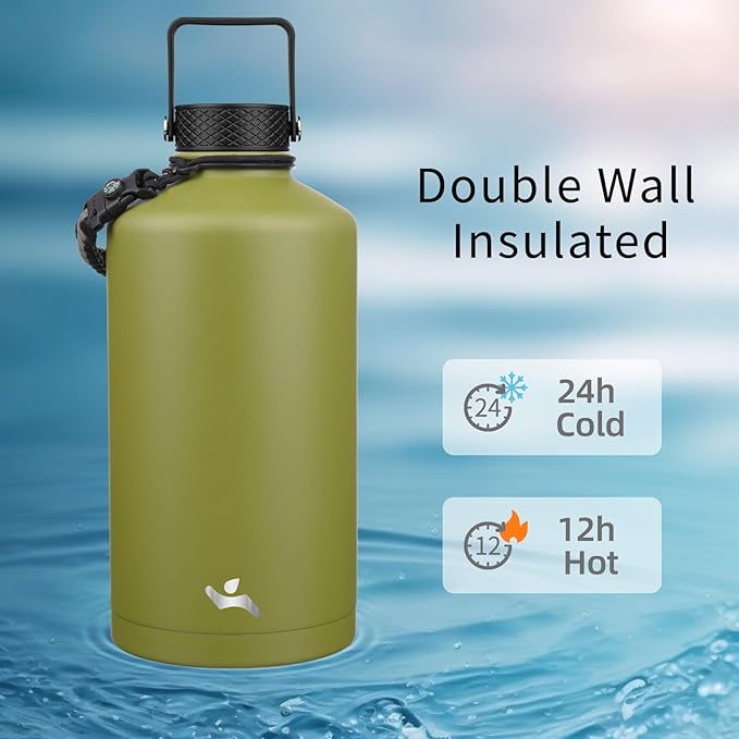 Gallon Insulated Water Bottle with Straw,128 oz 3 Lids Water Jug with Carrying Bag,Paracord Handle, Double Wall Vacuum Stainless Steel Metal Flask,Forest Green