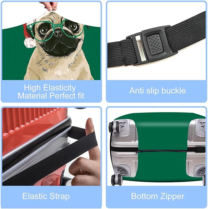 Christmas Pug Luggage Cover, Washable Cute Dog Suitcase Cover, Animal Suitcase Protector Anti-scratch Bag cover,L