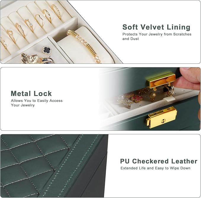 GUOER Jewelry Box for Women Girl Wife - Large PU Leather Jewelry Organizer Storage Case with Two Layers Display for Earrings Bracelets Rings Watches (Hunter Green)