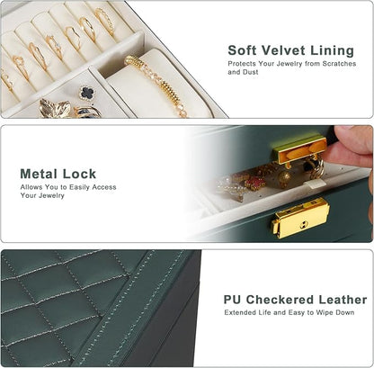 GUOER Jewelry Box for Women Girl Wife - Large PU Leather Jewelry Organizer Storage Case with Two Layers Display for Earrings Bracelets Rings Watches (Hunter Green)