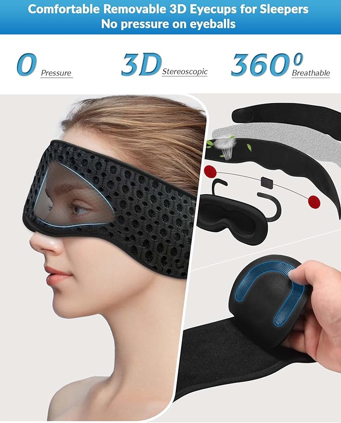 Bluetooth Sleep Mask with Removable 3D Contoured, 100% Blackout Eye Mask for Sleeping, Sleeping Headphones with Ultra-Thin Stereo Speakers, Perfect Tech Gifts for Men/Women/Insomniacs