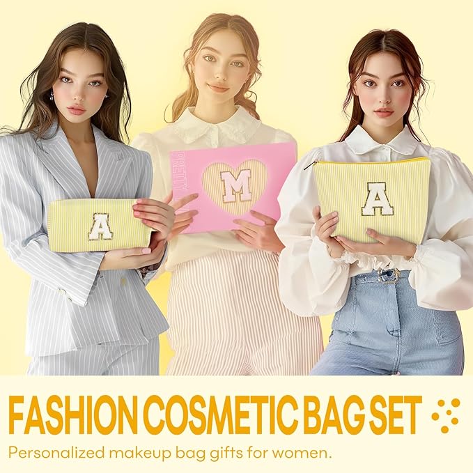 2 PCS Initial Makeup Bags for Women: Cosmetic Bag for Travel Toiletry - Birthday Gifts for 11 12 13 14 15 16 17 18 Years Old Girl Graduation Teacher Gift- Teen Girl Gifts Trendy Stuff - Yellow S