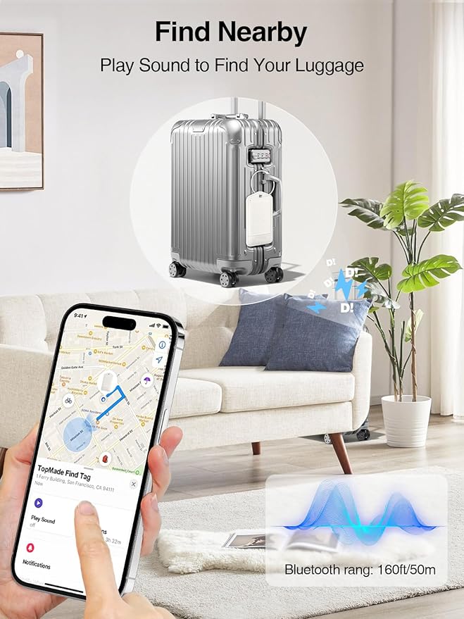 TopMade Smart Luggage Tag with Find My, Premium Leather Luggage Tags for Suitcase, Travel Bags, Backpacks, Anti-Lost Suitcase Tag Tracker for Travel with Privacy Name Card, Rechargeable