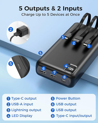 Portable Charger Power Bank 50000mAh Portable Phone Charger, PD 22.5W Fast Charging Powerbank Built in Cable, 5 Output 3 Input USB C LED Display for iPhone 16 15 14 13 Samsung Android iPad