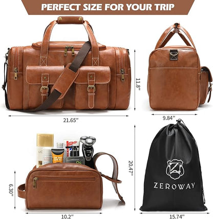 Zeroway PU Leather Travel Duffel Bag with Toiletry Dopp Kit and Laundry Bag, Weekender Overnight bag Luggage Carry-On Bag with Shoe Pouch for Men or Women Brown