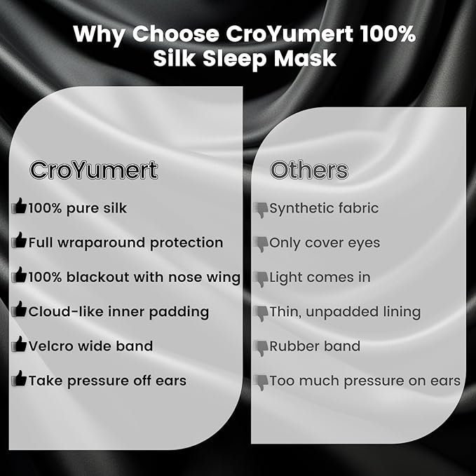 Pure 22 Momme 6A Grade Mulberry Silk Sleep Mask for Side Sleepers - Adjustable, 100% Blackout Eye Mask with Travel Pouch (Black)