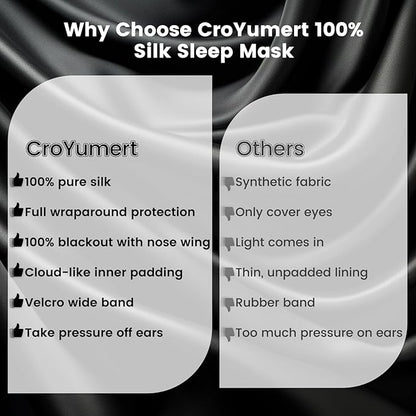 Pure 22 Momme 6A Grade Mulberry Silk Sleep Mask for Side Sleepers - Adjustable, 100% Blackout Eye Mask with Travel Pouch (Black)