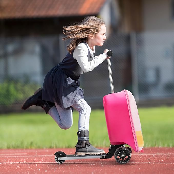 VLIVE Kids Scooter Luggage with Backpack 2-in-1 Set, 30L Ride-On Suitcase + 10L Backpack, Durable EVA Material, Lightweight Foldable, Wheels for Girls Aged 4-8, Mermaid Design