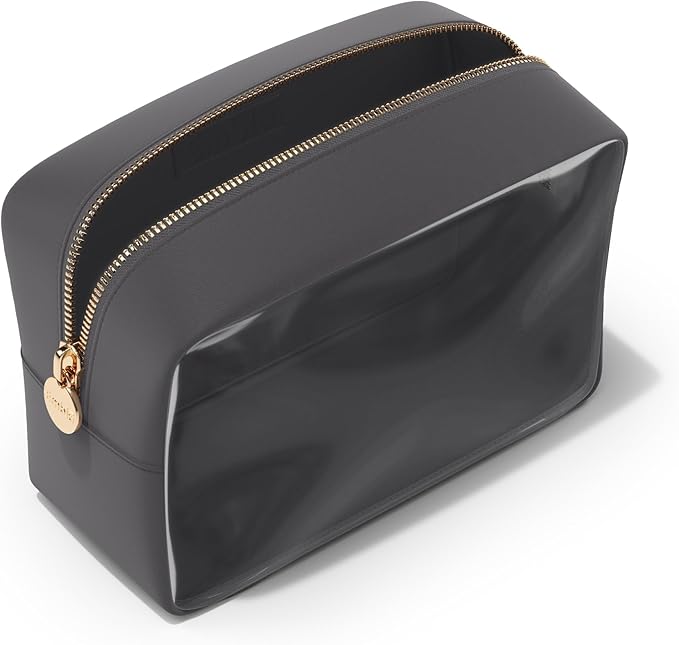 Embla London Makeup Bag Cosmetic Case, Clear Zipper Make Up Pouch and Toiletry Travel Tote, Cute Skincare Pouches for Women Girls, Preppy Purse Cosmetic Organizer, Large Makeup Bags, Grey