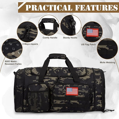 Tactical Duffle Bag For Travel Expandable 52L Large Duffle Bag For Men Gym Duffel With Wet Pocket Multi-Functional Carry On Bags Weekender Overnight Bag Organizer Duffel Bag For Travel
