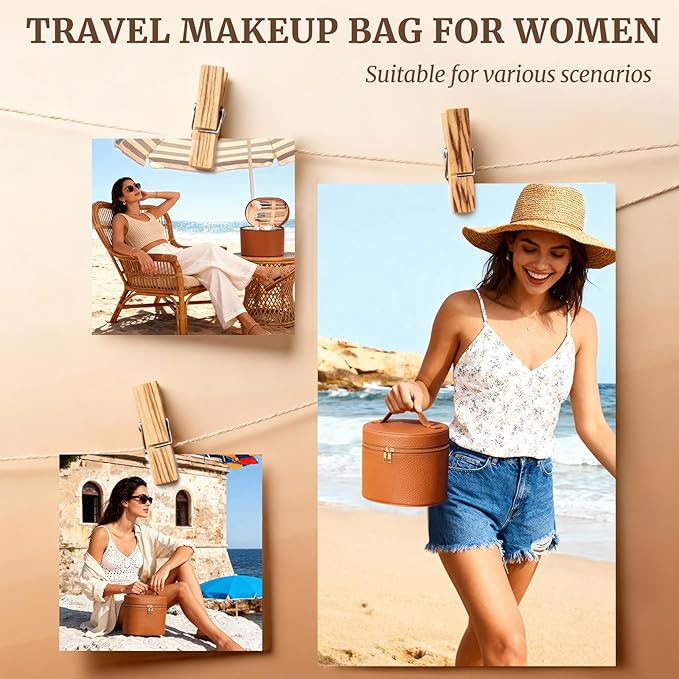 Makeup Case for Women,Travel Make Up Bag Organizer With Compartments and Handle,Portable Cosmetic Bags for Girl,Toiletry Bag for Women - Brown
