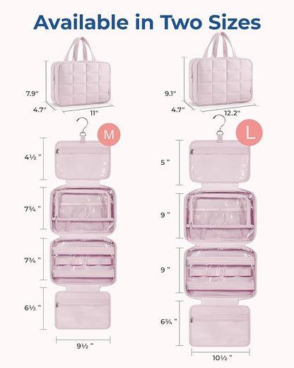 BAGSMART Travel Toiletry Bag with Jewelry Organizer, Hanging Travel Bag for Toiletries, Puffy Makeup Cosmetic Bag Organizer, Carry-on Travel Accessories Essentials, Pink-M