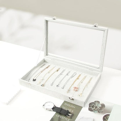 Coward 20 Hooks Necklace Organizer Jewelry Box, Grey Beige Velvet Necklace Display Tray Case with Transparent Glass Lid for Home Use or Store Selling Show