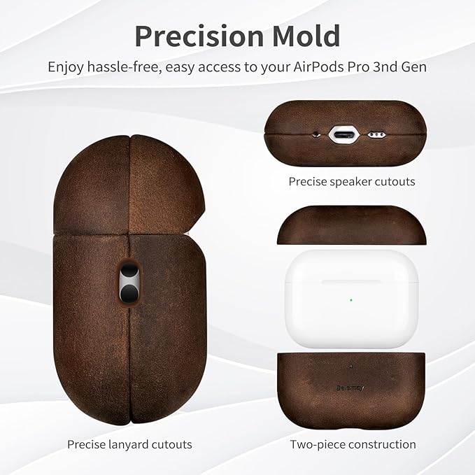 Belemay Handcrafted Crazy Horse Leather Case for AirPods Pro 3rd Gen (2025), Vintage Aesthetic, Two-Tone Effect, Unique Patina, Compatible with MagSafe, Compatible with Airpods Pro 3, Rustic Brown