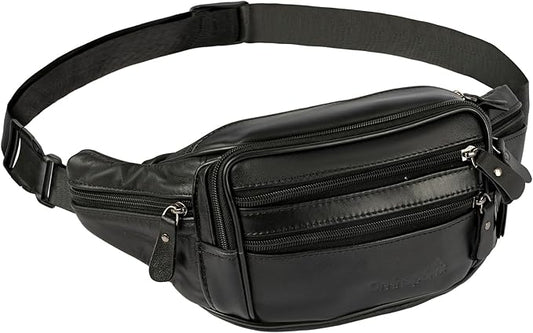 Leather Fanny Pack for Men Women,Genuine Leather Waist Belt Bag with Adjustable Strap Belt Hip Bag with Multi-Pockets for Travel Sports Running Cycling Hiking