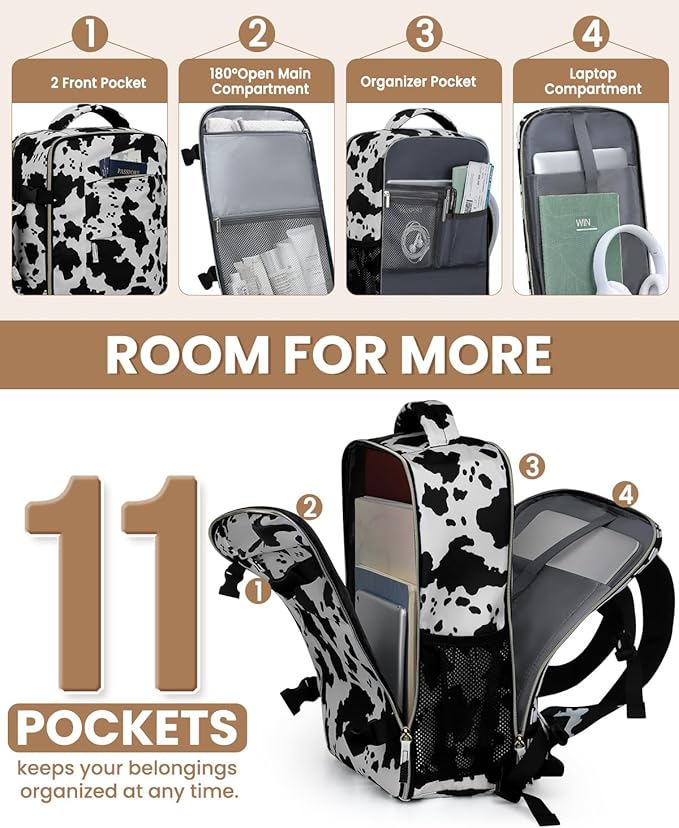 Travel Backpack for Women Man, Waterproof Personal Item Travel Bag Airline Approved Laptop Backpack Bookbag Weekender bags for Business,Travel, Work Fits 15.6 inch Laptop(Medium,Cowprint)