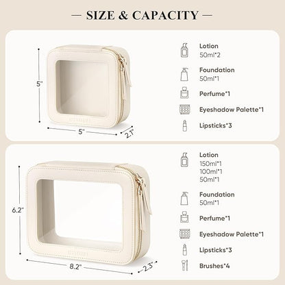 Clear Makeup Bag, Travel Toiletry Bag Cosmetic Case for Women, Waterproof Portable Small Make Up Skincare Pouch with Zipper, Compact Car Organizer Bag for Essentials, Mini Size, Beige