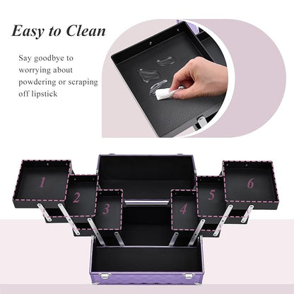 Frenessa Makeup Train Case 12 Inch Portable Cosmetic Case - 6 Tier Professional Makeup Storage Box Organiser Box Make Up Carrier with Lockable Keys Travel Case for Women and Girls - Purple