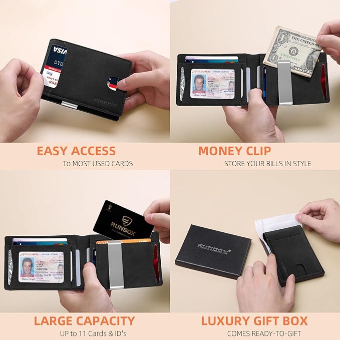 RUNBOX Slim Wallets for Men - Leather Money Clip Mens Wallet - RFID Blocking Front Pocket Bifold Wallet - Thin Credit Card Holder with Gift Box