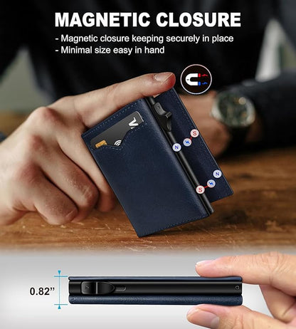 Wallet for Men,with Cash Pocket 2 ID Window 9-13 Cards,Metal Case Smart Slim Pop Up Credit Card Holder Flip with Magnetic Closure RFID Blocking Trifold wallet with Gift Box