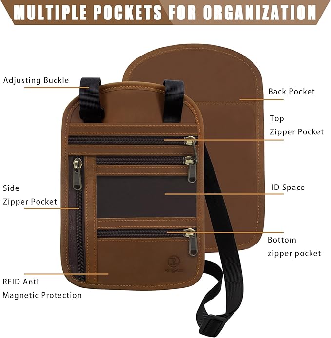 Ringsun Genuine Leather Passport Holder For Travel, RFID Blocking Slim Neck Wallet with Adjustable Strap for Women and Men, Travel Essentials to Keep Cash, Credit Cards and Documents Safe, Brown