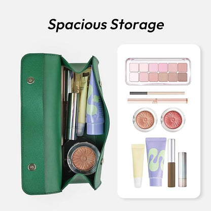 carrotez Stylish PU Leather Makeup Bag: Versatile Travel Toiletry Bag & Cosmetic Pouch, Small Makeup Organizer for Purse Essentials - Ideal Makeup Brush Holder & Sunglasses Case for Women - Green