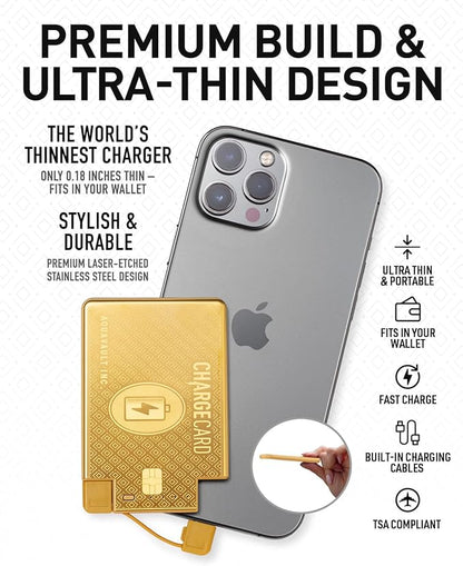 AquaVault ChargeCard – Ultra Slim Emergency Power Bank (2300mAh) – Fits in Wallet – USB-C & Micro-USB – Durable Steel Body – Flight-Safe for iPhone 12-17 & Android - Gold