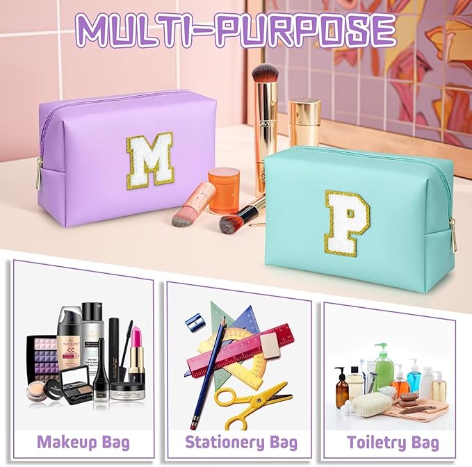 TOPEAST Travel Makeup Bag, Personalized Initial Toiletry Bag w Zipper, Cute Makeup Pouch, PU Leather Waterproof Cosmetic Bag, Birthday Gift for Daughter, Preppy Things for Girls (Purple G)