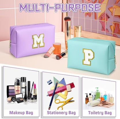 TOPEAST Initial Makeup Bags for Women, Personalized Portable Cosmetic Bag for Travel, Cute Makeup Pouch, PU Leather Waterproof Toiletry Bag, Preppy Things for Girl (Purple V)