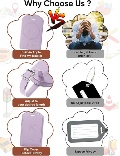 Luggage Tags Built-in Anti-Loss Tracker, Luxury Leather Luggage Tags for Suitcase, Travel Bags, Backpacks, Travel Organizer for Lost Baggage Prevention (Taro Purple)