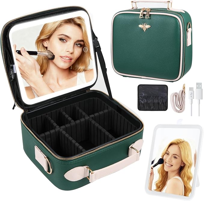 Travel Makeup Bag with Light Up Mirror, Portable Makeup Bag with Led Light Women Waterproof Makeup Travel Case adjustable dividers Rechargeable Vanity Mirror with 3 Color Lights (Green)