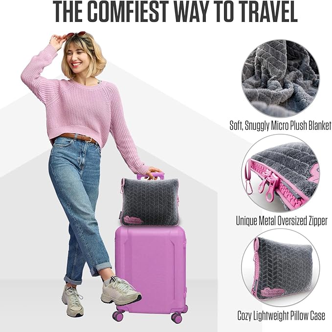 VENTURE 4TH Travel Blanket Pillow – Premium Ultra-Soft & Warm 2-in-1 Blanket or Pillow for Airplane, Car & Bus – Compact, Lightweight & Portable – Lint-Free, No Shedding, No Pilling - Gray/Pink