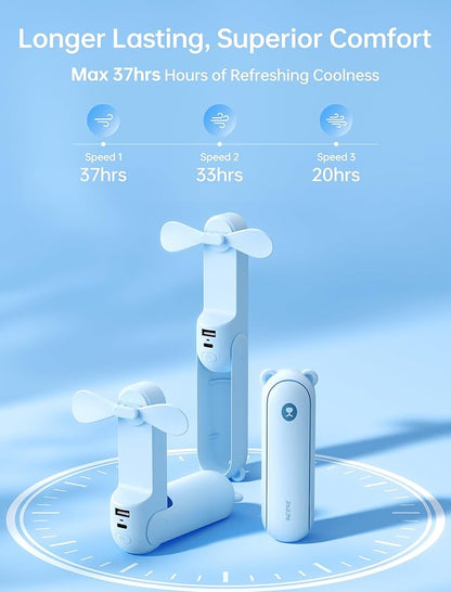 JISULIFE Handheld Fan with 4500 mAh Powerbank Max 37 Hours Runtime, Pocket Portable Battery Operated or USB Powered Folding Personal Fan, 3 Speeds, Gifts for Women Men Kids Gift for Festival-Blue