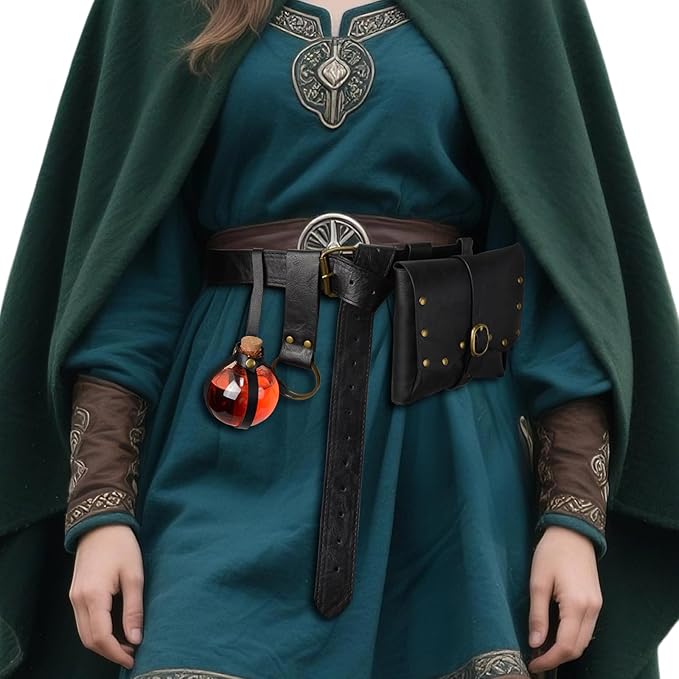 Renaissance Belt Pouch Viking Leather Medieval Belt Waist Bag Pirate Cosplay Festival Halloween Adjustable Accessories (Bottles-Black)