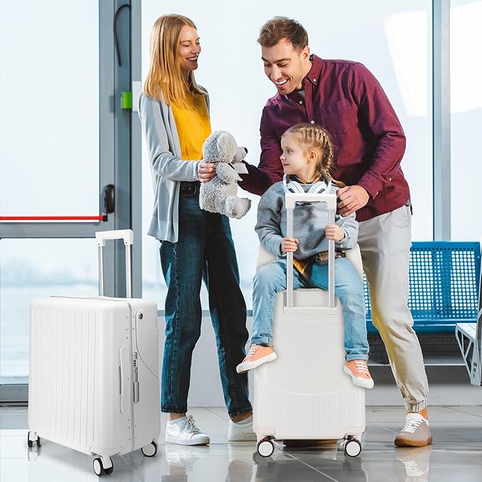 20 Inch Ride on Luggage with Seat for Kids Top Opening Aluminum Frame Suitcase with Spinner Wheels Locks for Travel(White)